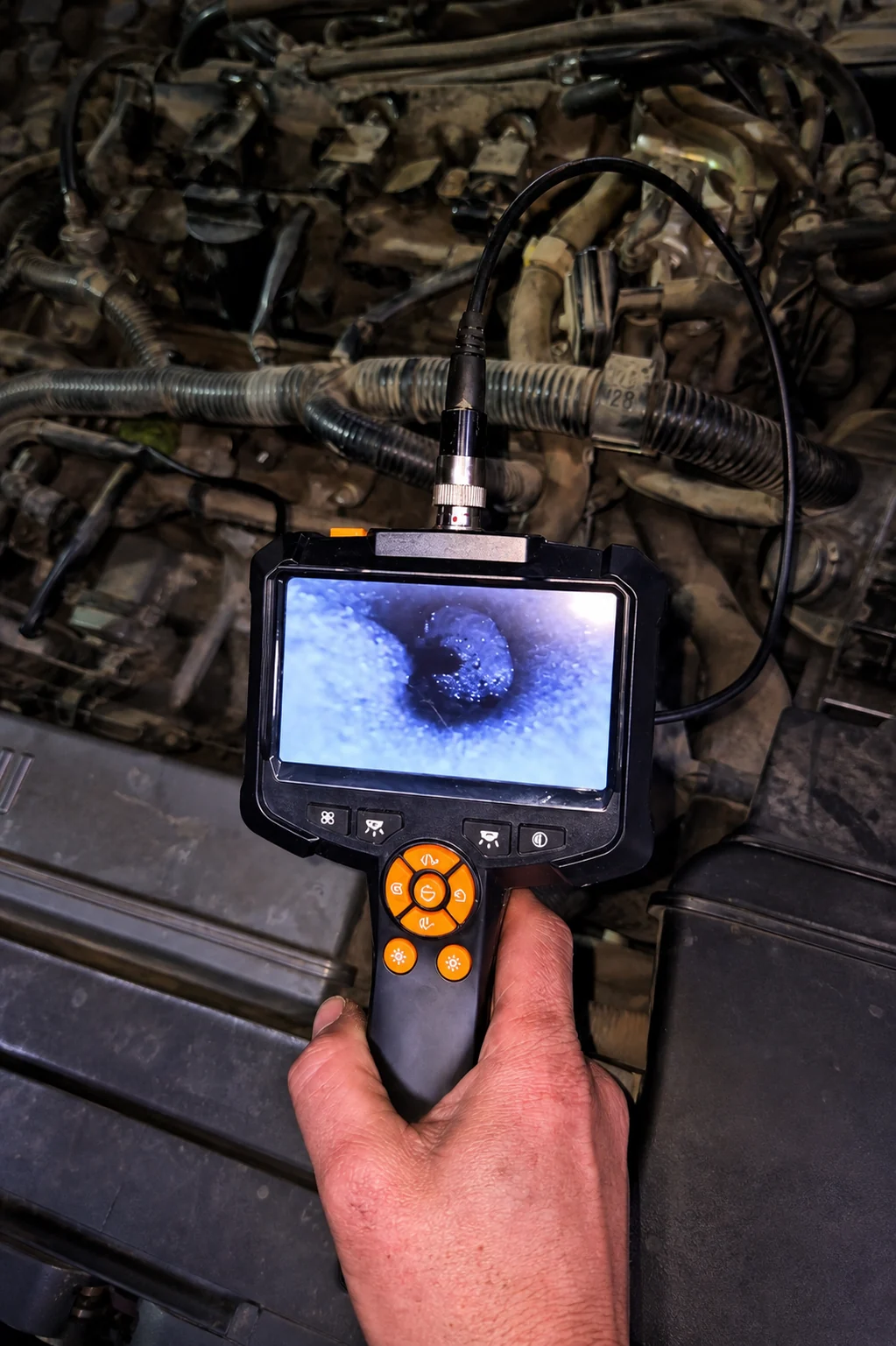 Boroscopio mostrando una inspección interna realizada en un Mazda CX-5